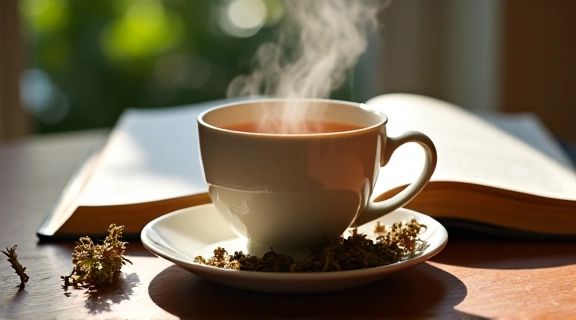 Tazza di tisana fumante con erbe aromatiche e un libro aperto, che evoca relax e consapevolezza.